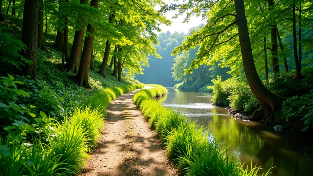 Sudėtingi takeliai su natūralia gruntine kelio grindimis, aplinkoje žalia žolė ir krūmai