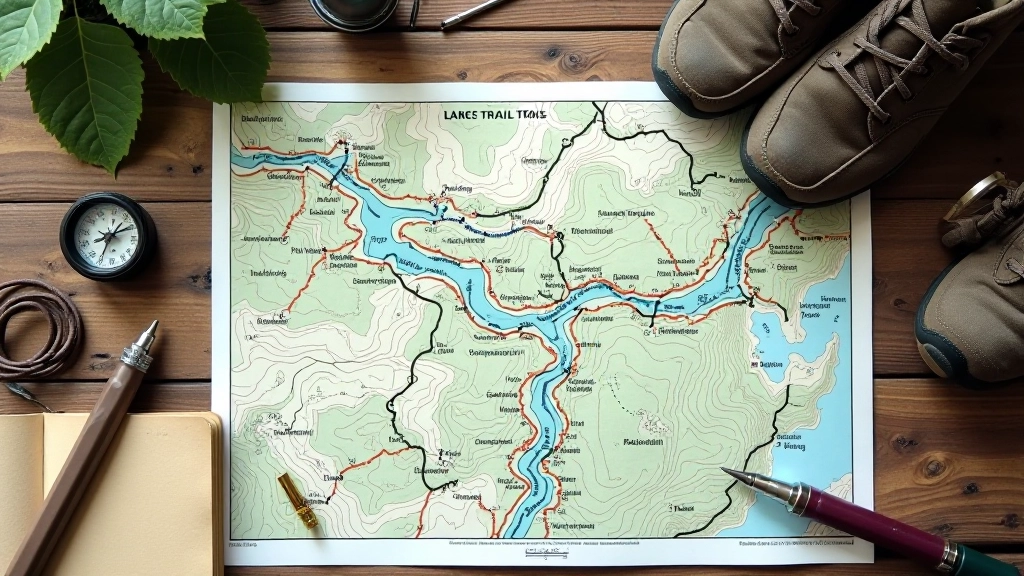Žemėlapis su maršrutais ir kompasas, planavimo užrašai, žalios spalvos